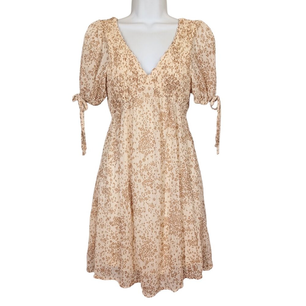 SIENNA SKY Floral Dress Gold Print Smocked Short Sleeve A Line Mini Cream Dress